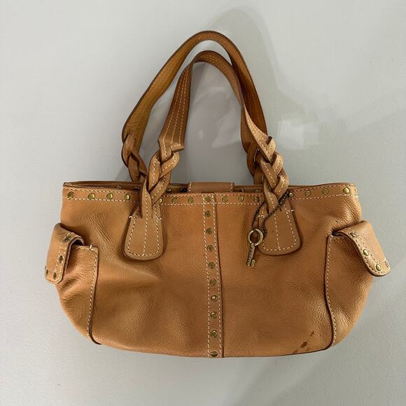 Fossil Tan Leather Shoulder Bag Satchel Studded Braided Handles w/ Key Charm - Picture 4 of 11